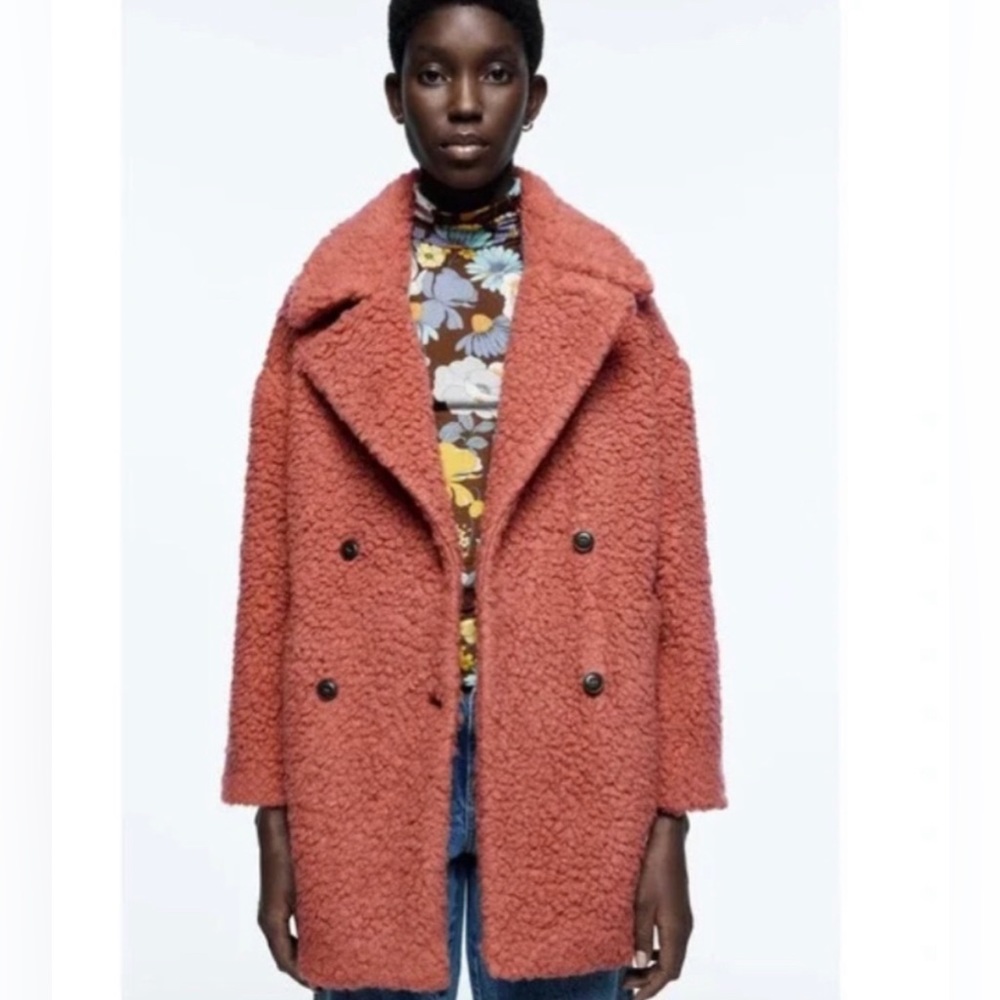 Zara Double Breasted Teddy Fleece Coat